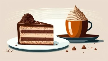 Bir fincan kahve ve lezzetli bir parça çikolatalı kek, yakın çekim..