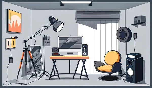 コンピューターとスピーカー 漫画のイラスト付きの部屋のインテリア — ストック写真