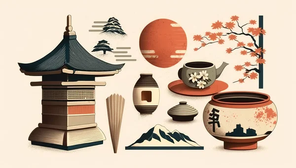 Иллюстрация Тему Традиционной Японской Культуры Символов Предметов — стоковое фото