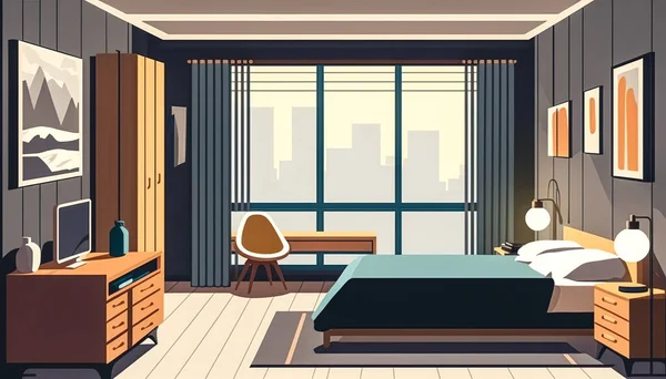 大きなベッド テーブルと窓 部屋のデザインとベッドルームのインテリア — ストック写真