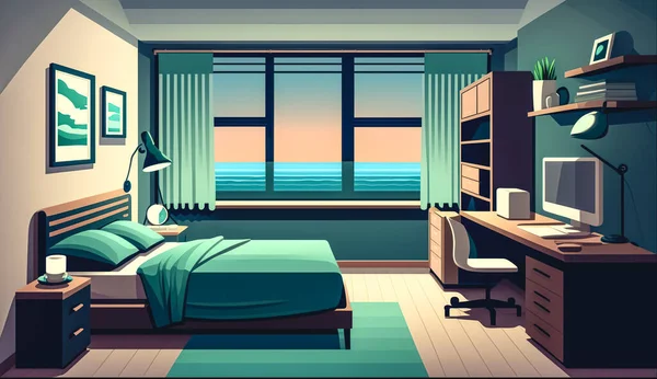 Schlafzimmerausstattung Mit Großem Bett Tisch Und Fenster Raumgestaltung — Stockfoto