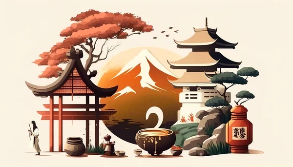 Ilustración Sobre Tema Cultura Tradicional Japonesa Símbolos Objetos —  Fotos de Stock