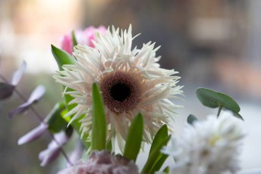 Spring flowers in a vase on a blurred background, macro shot.