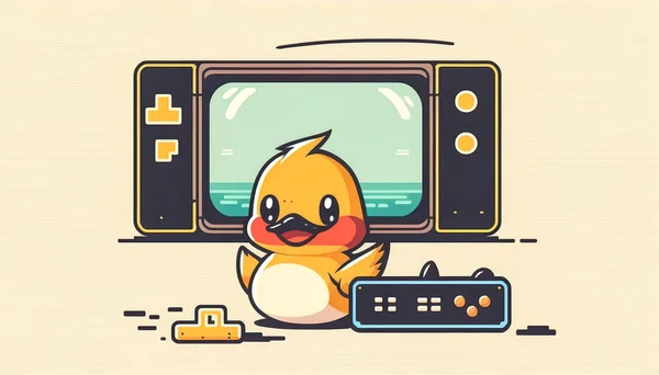 鸭子在游戏机上玩耍 娱乐和沉迷于游戏的概念 — 图库照片