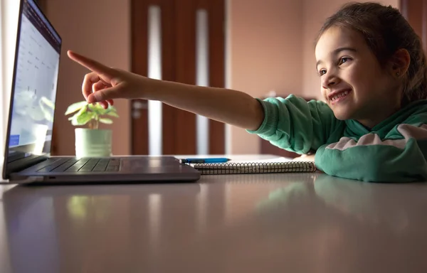 Смешная Девочка Перед Экраном Ноутбука Концепция Онлайн Обучения Домашняя Школа — стоковое фото