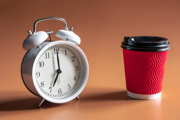 Alarm Clock Paper Disposable Glass Coffee Morning Concept — Stockfoto