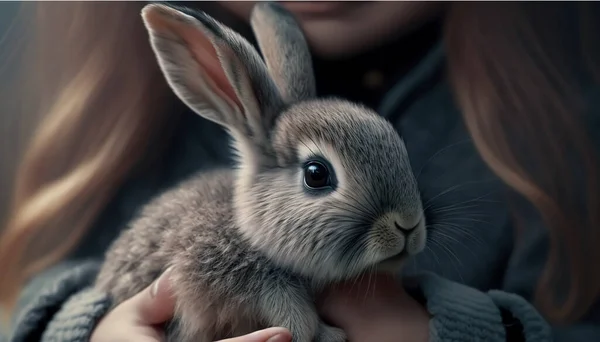 Small realistic rabbit in the hands of a little girl, close-up.