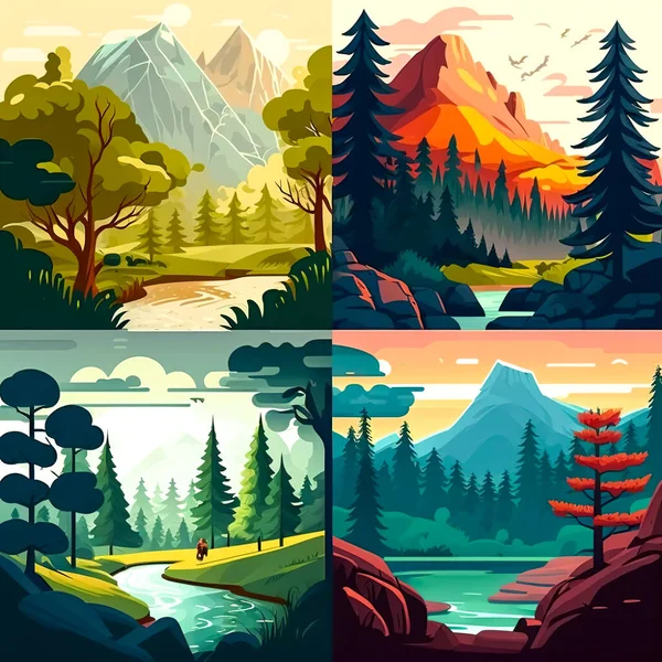Landscape of mountains, cartoon collage, highlands in an exotic country.