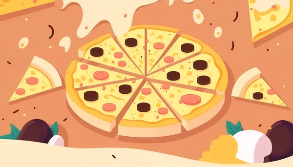 Appetitoso Cartone Animato Salame Pizza Tagliata Pezzi — Foto Stock