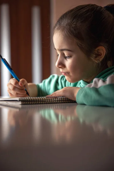 Poważna Dziewczynka Pisze Długopisem Notatniku Odrabia Lekcje Uczy Się Domu — Zdjęcie stockowe