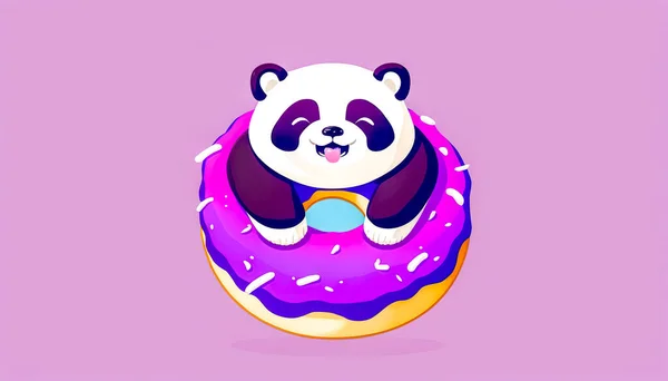 Kreslený Legrační Ilustrace Panda Kobliha Fialovém Pozadí — Stock fotografie