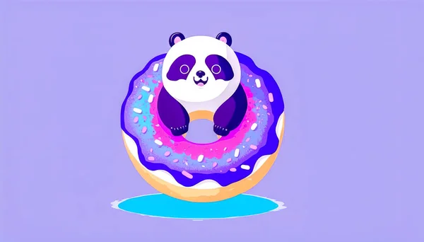 Kreslený Legrační Ilustrace Panda Kobliha Fialovém Pozadí — Stock fotografie