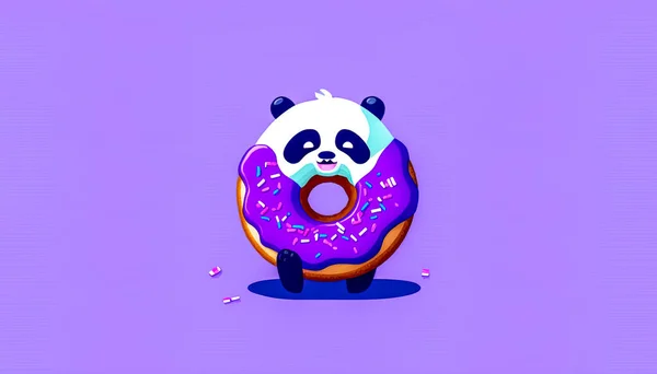 Illustration Drôle Bande Dessinée Avec Panda Beignet Sur Fond Violet — Photo