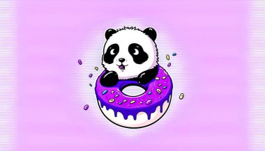 Mor arkaplanda panda ve çörek olan komik çizimler..