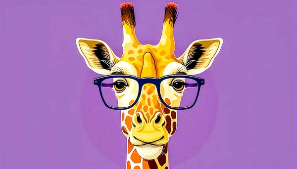 Girafa Usando Óculos Fundo Roxo Cartão Postal Dos Desenhos Animados — Fotografia de Stock