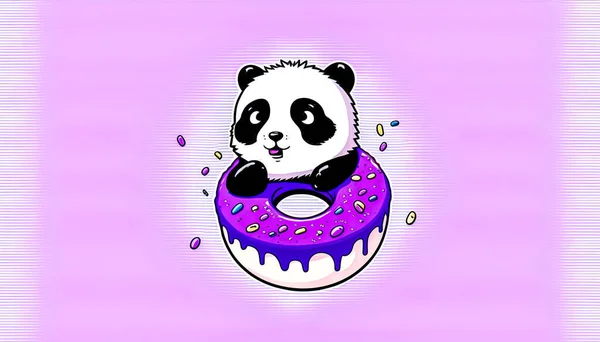 Illustration Drôle Bande Dessinée Avec Panda Beignet Sur Fond Violet — Photo