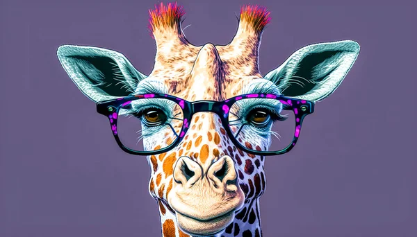 Żyrafa Okularach Fioletowym Tle Kartka Kreskówkami — Zdjęcie stockowe