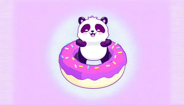 Карикатура Смешная Иллюстрация Пандой Пончиком Фиолетовом Фоне — стоковое фото