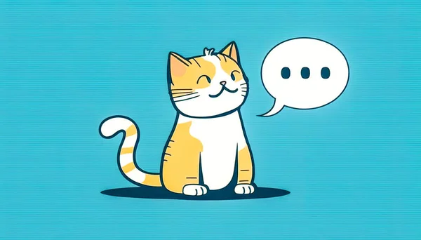 Cute illustration with a kitten and a speech bubble on a blue background.