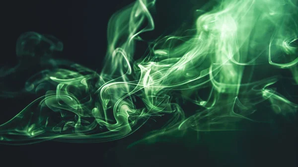 Realistic green smoke clouds, mist effect. Colored fog on dark background. Vapor in air, steam flow.