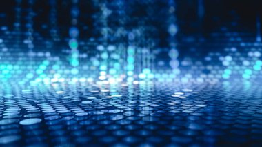 Birçok küçük detay içeren soyut mavi arkaplan, cam parçacıkları, su.