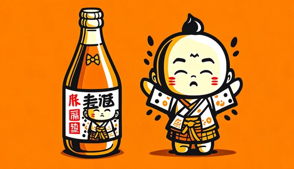 Рекламный Логотип Азиатского Напитка Бутылке Дизайн Эмблемы Мультфильма — стоковое фото