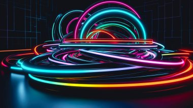 Farklı renk çizgileri, parlak neon rengi çizgileri olan soyut arkaplan.