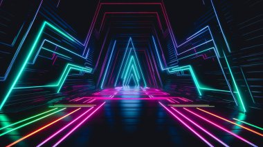 Farklı renk çizgileri, parlak neon rengi çizgileri olan soyut arkaplan.