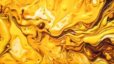 Soyut sıvı sanat arka planı sarı ve bakır renkleri. Kahverengi çizgileri ve gradyanı olan akrilik bir tablo..
