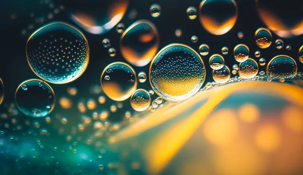 Abstract background with water drops, realistic colored bubbles close up.