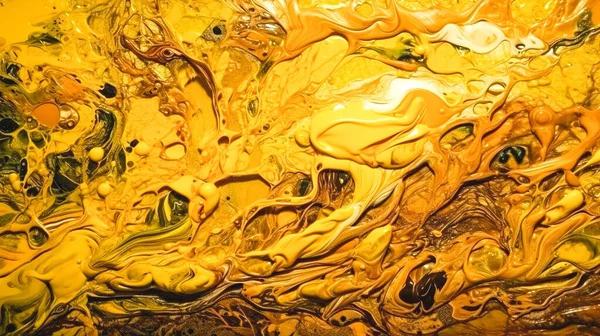 Abstract fluid art background yellow and copper colors. Acrylic painting on canvas with brown lines and gradient.