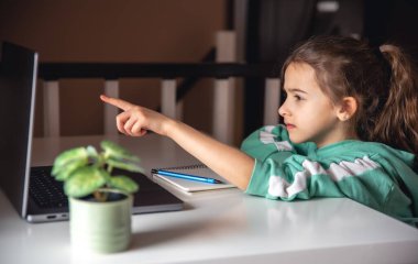 Bilgisayarın önündeki komik küçük kız, online çalışma konsepti, ev okulu..