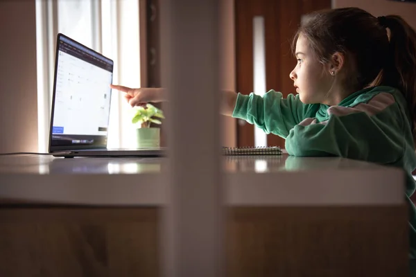 Zabawna Dziewczynka Przed Ekranem Laptopa Koncepcja Nauki Online Szkoła Domowa — Zdjęcie stockowe