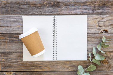 Kağıt bardaklar, geri dönüşümlü kağıt bardaklardan yapılmış not defterleri ve ahşap arka planda okaliptüs filizi..