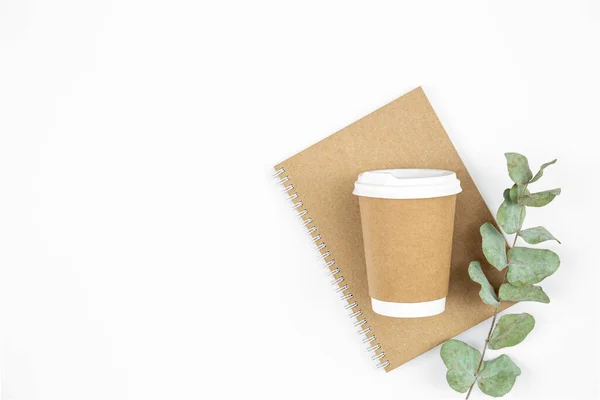 Craft Paper Coffee Cup Eucalyptus Sprig Eco Background Flat Lay — Stock Photo, Image