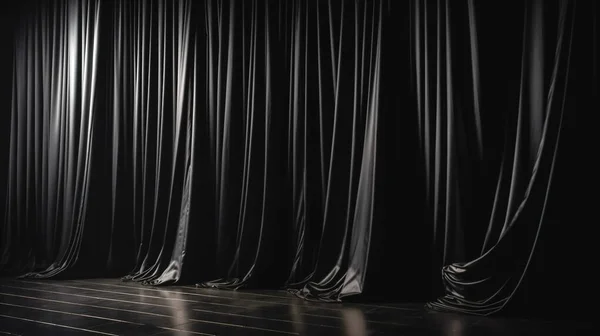 Geschlossene Schwarze Vorhänge Mit Satin Samt Lichteffekt Für Hintergrund — Stockfoto