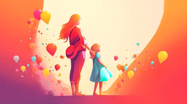 Mom and daughter among colored balloons, happy family, illustration on the theme of childhood and motherhood.