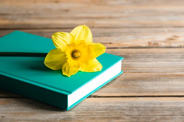 Yellow narcissus flower and a book on a blurred wooden background, copy space.