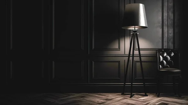 Floor lamp shines in a minimalist stylish dark interior, copy space.