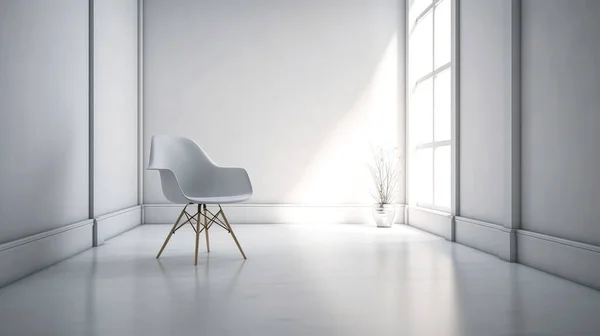 窗边一间宽敞而简朴的白色房间里的白色椅子 — 图库照片