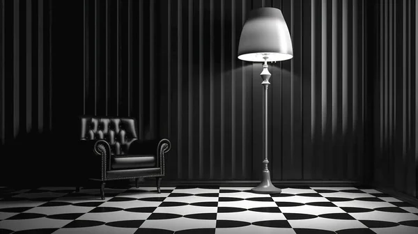 空の暗い部屋で革のアームチェア 豊かなミニマリストのインテリア — ストック写真