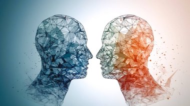 Soyut çokgen beyni olan bir erkek profili silueti. Yapay zeka ve beyin fırtınası kavramı.