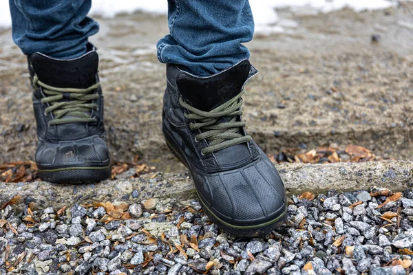 Par Botas Dos Homens Duráveis Homem Sapatos Qualidade Está Cascalho — Fotografia de Stock