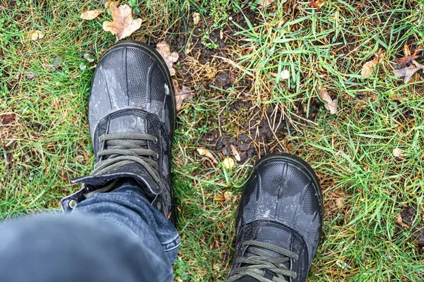 Çamurda Bir Çift Yürüyüş Ayakkabısı Kötü Hava Için Güvenilir Ayakkabılar — Stok fotoğraf