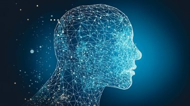 Soyut çokgen beyni olan bir erkek profili silueti. Yapay zeka ve beyin fırtınası kavramı.