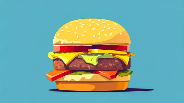 青い背景にハンバーガーを食欲をそそる ファーストフード フラットイラスト — ストック写真