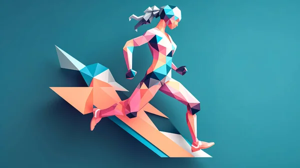 stock image A creative illustration with a running silhouette of a woman, a three-dimensional cubic figure of a man is running.