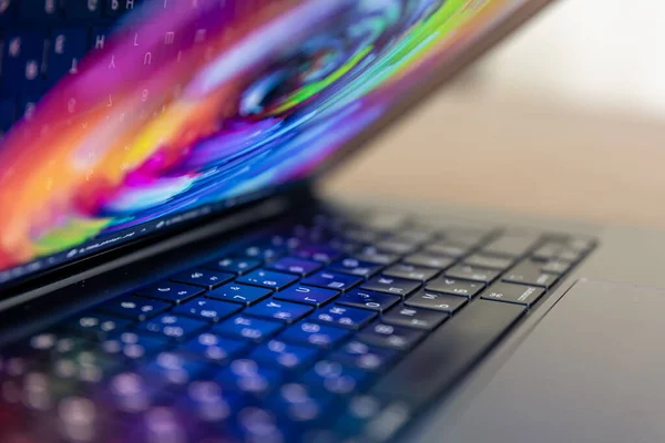 stock image Macro shot of laptop keys, laptop keys close up, blurred background. Technology close-up.