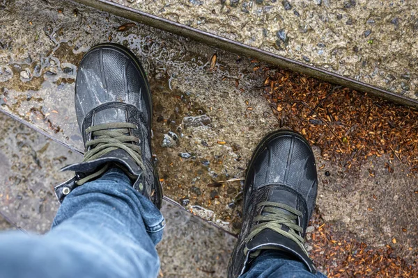 Vista Desde Arriba Par Zapatos Trekking Barro Zapatos Confiables Para — Foto de Stock