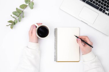 Dizüstü bilgisayarı, not defteri, okaliptüs dalı ve bir fincan sade kahveyle donatılmış minimalist beyaz arka plan. Bir kadın boş bir deftere yazar..